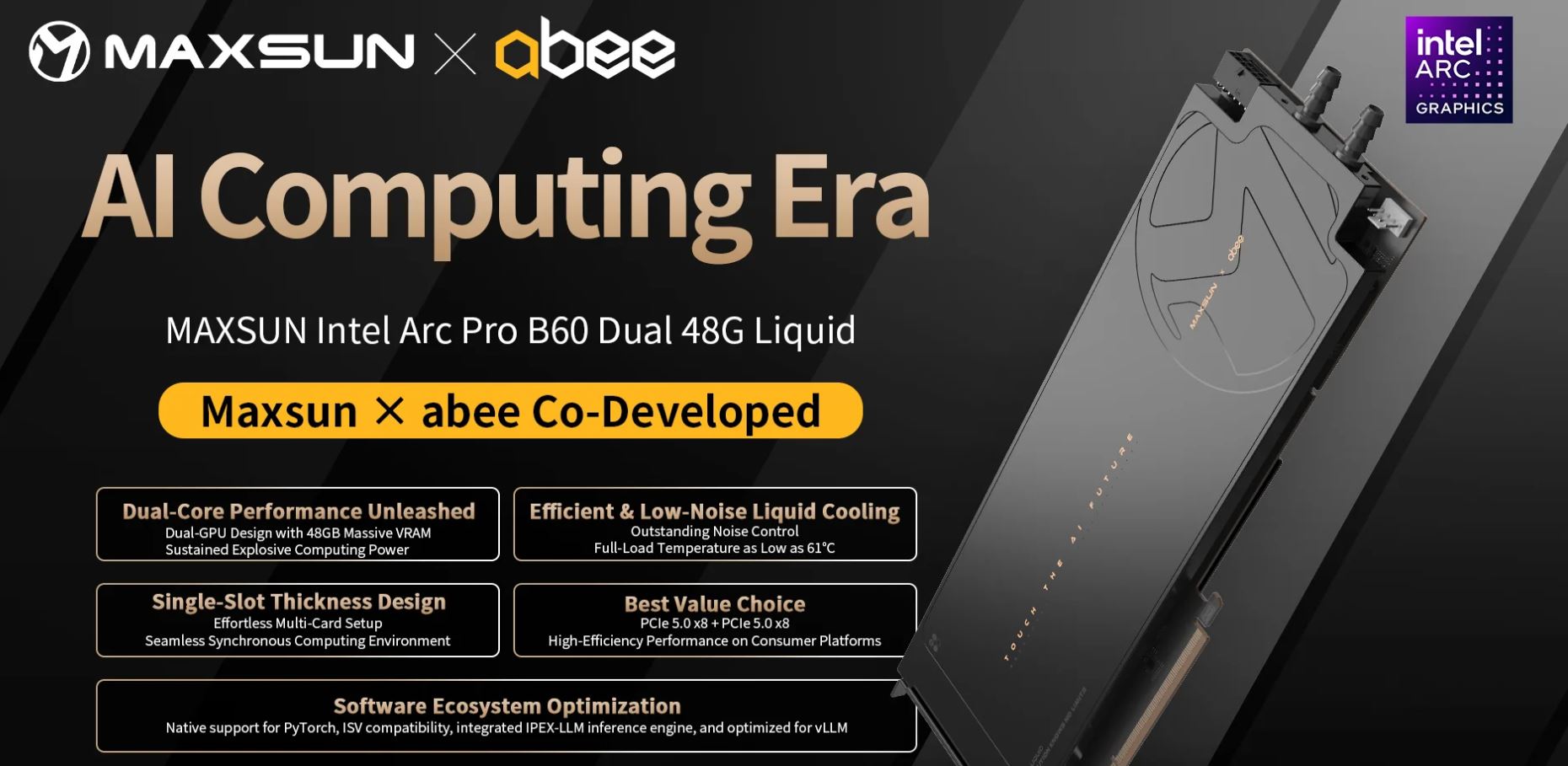 MAXSUN представляє двопроцесорну відеокарту Arc PRO B60 з рідинним охолодженням та коннектором 12V-2x6 5