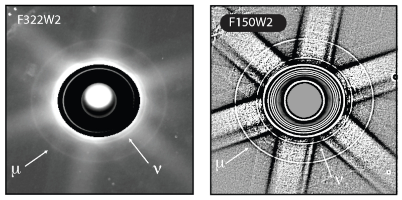 Кільця мю (&mu;) і ню (&nu;) Урана на знімках &laquo;Джеймса Вебба&raquo; (лютий 2025 року). Зліва яскравість планети та основних кілець знижена у 100 разів, справа застосовано високочастотний фільтр для виділення зовнішніх кілець