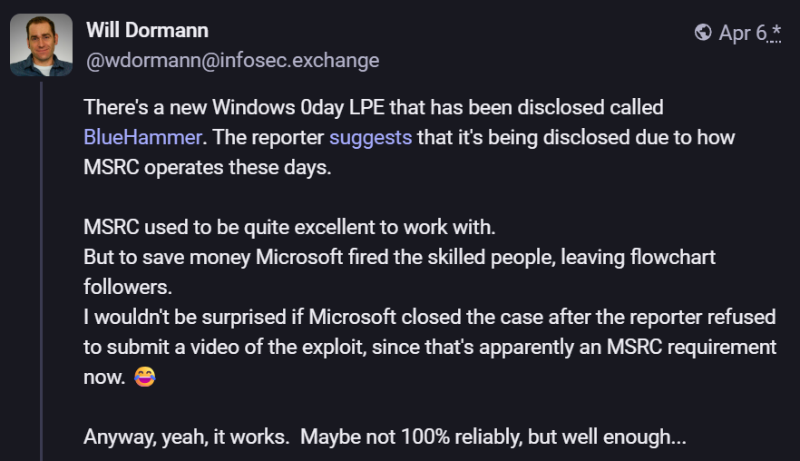 Microsoft Security: Файловий скандал з BlueHammer — хто втратив експертів, а хто залишився з інструкціями? 3