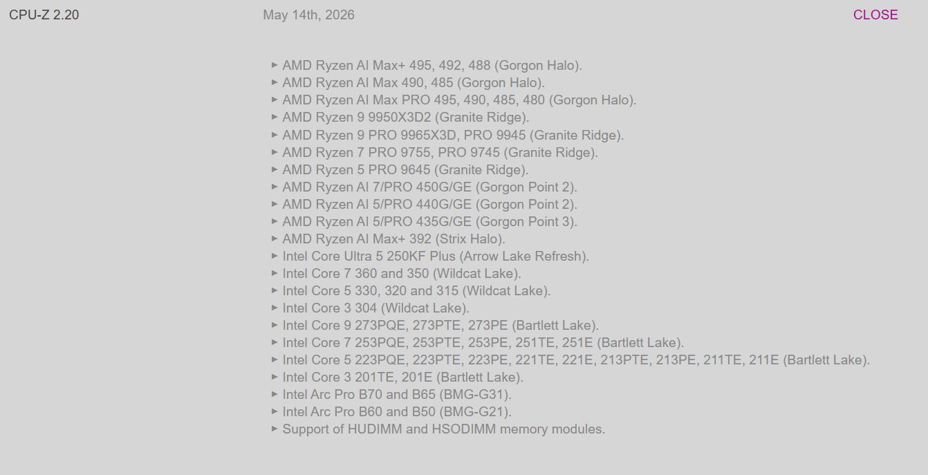 CPU-Z отримав підтримку AMD Gorgon Halo: оновлення також охоплює Intel Wildcat Lake та Bartlett Lake 2