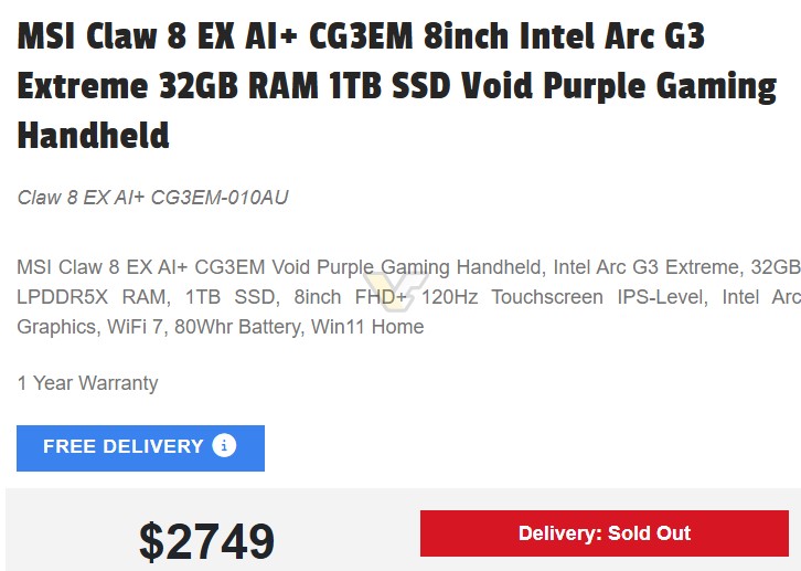 MSI Claw 8 EX AI+: Ноутбук за $1780 з Intel Arc G3 Extreme помічено в Австралії 3 MSI Claw 8 EX AI+: Ноутбук за $1780 з Intel Arc G3 Extreme помічено в Австралії 3
