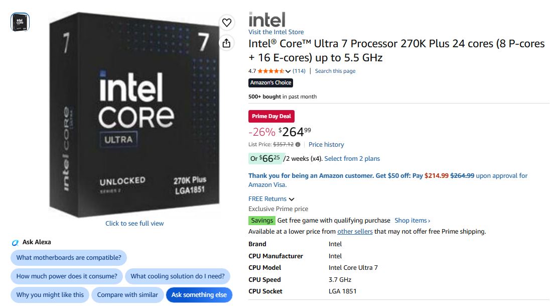 Intel Core Ultra 7 270K Plus: Завантажуйте з Amazon за рекордно низькою ціною $264 2 Intel Core Ultra 7 270K Plus: Завантажуйте з Amazon за рекордно низькою ціною $264 2