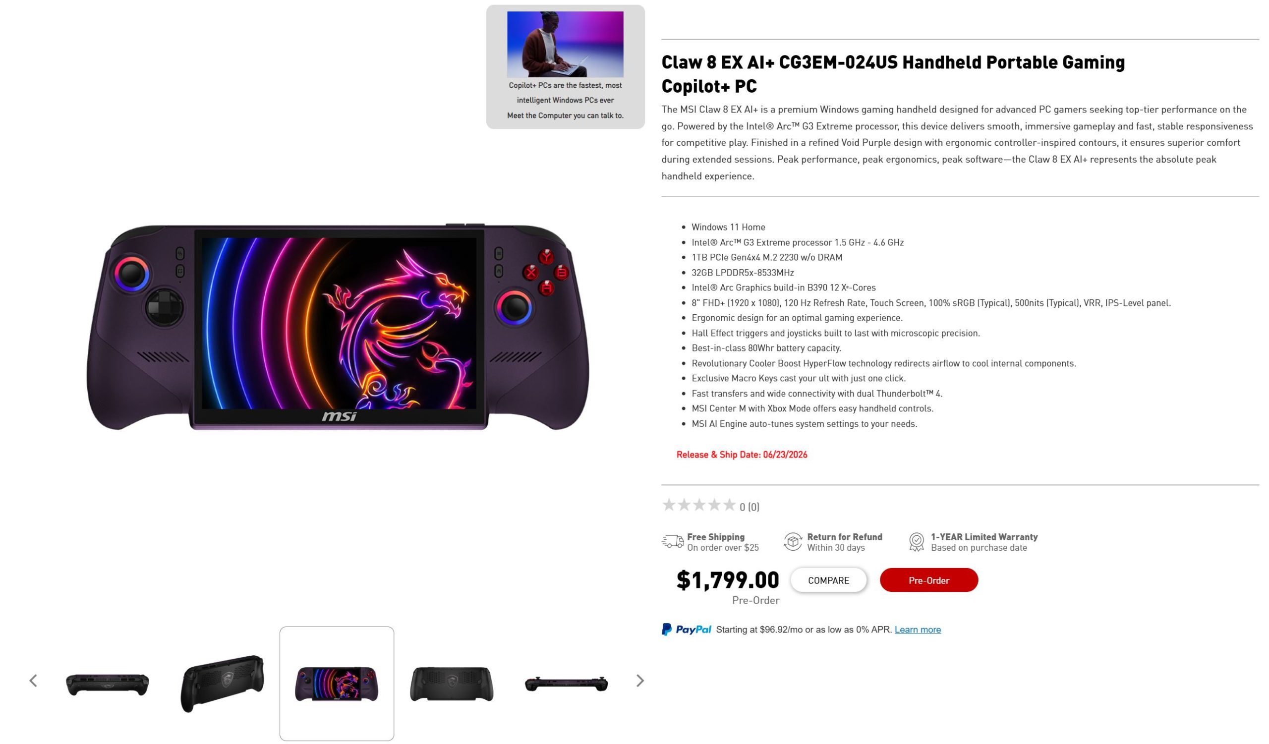 MSI Claw 8 EX AI+: портативний ігровий ПК за $1699, що перевершує попередника 2