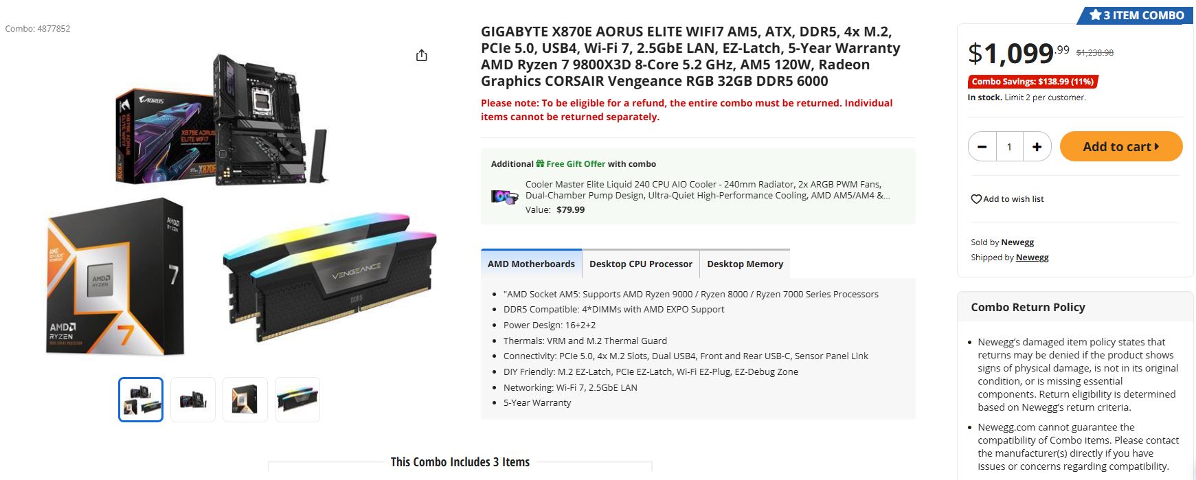 Збірка GIGABYTE X870E та Ryzen 7 9800X3D всього за $1099 – Newegg дарує безкоштовний СРО 2