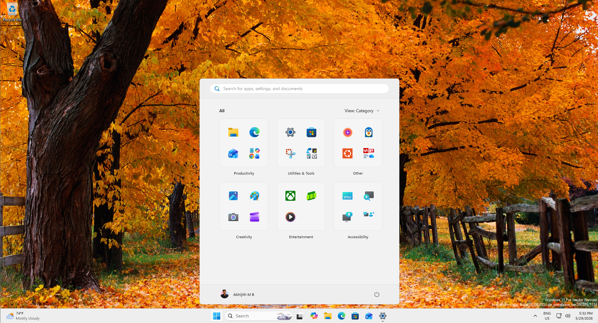 Start menu with the Small toggle turned on