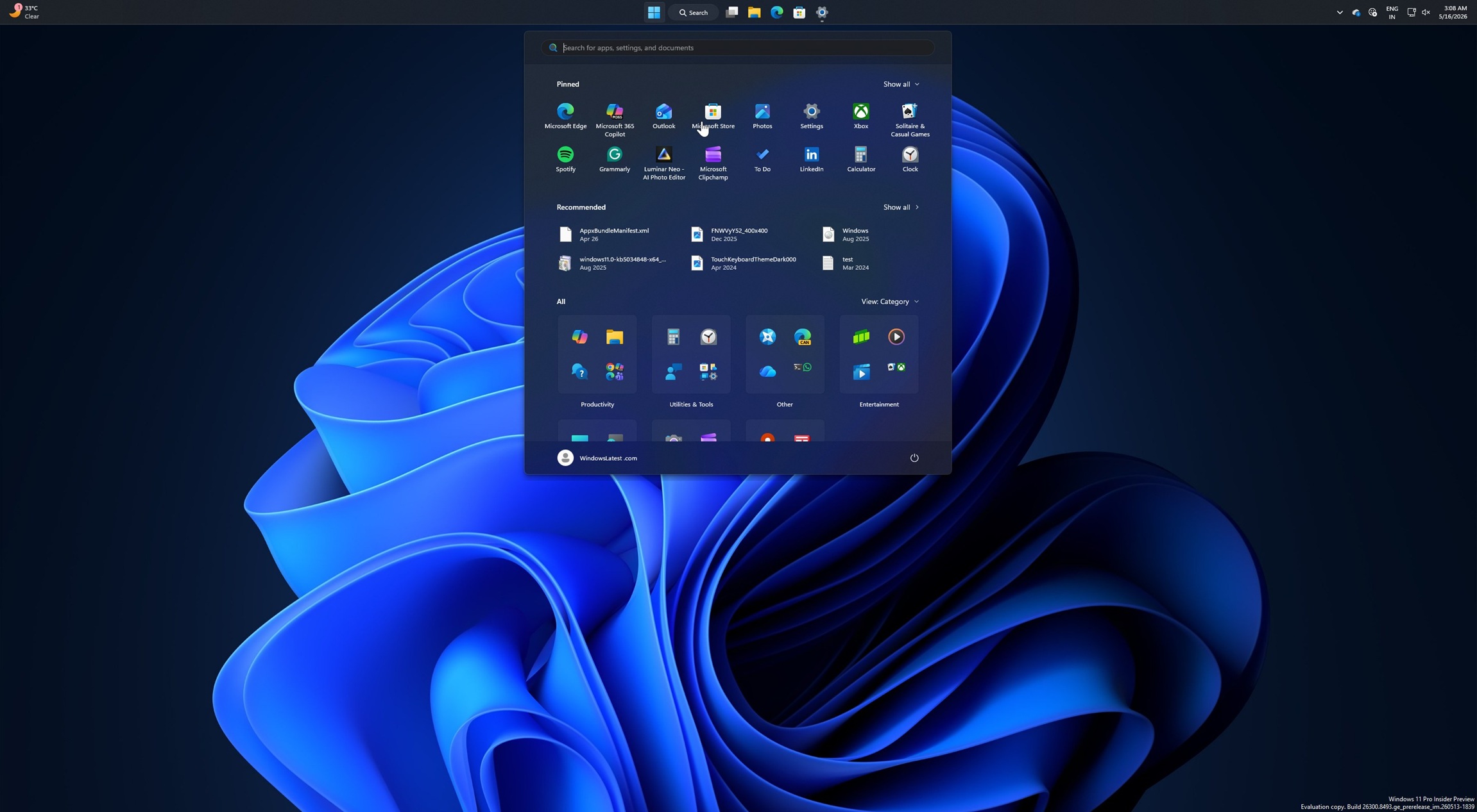 Start menu top in Windows 11