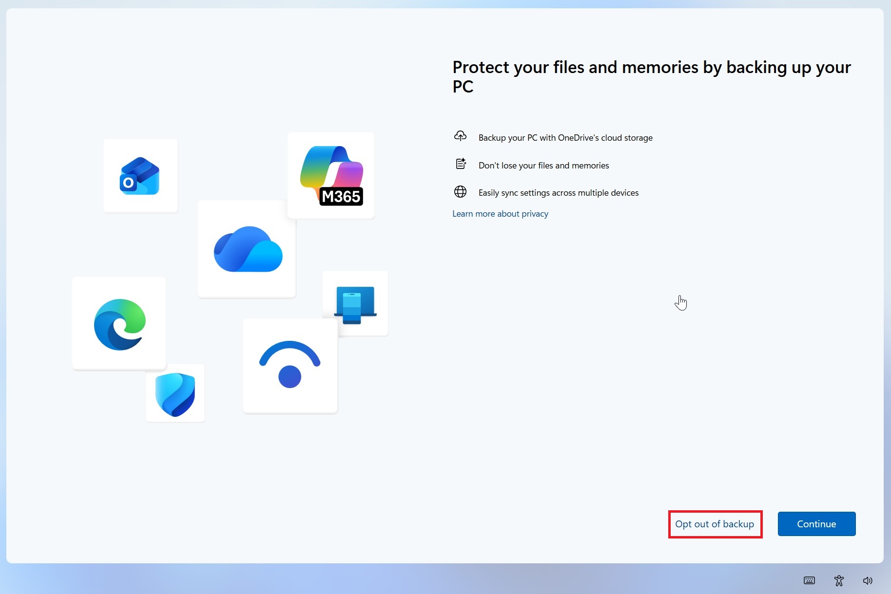 Кнопка «Відмовитися від резервного копіювання» в Windows 11 OneDrive