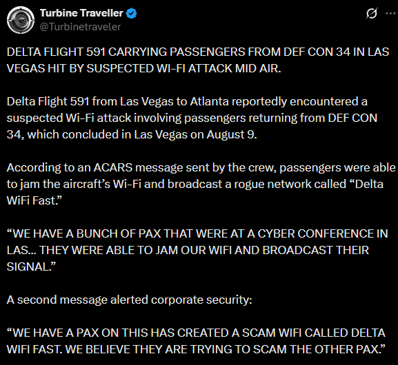 Delta відбила атаку Wi-Fi deauth на рейс із учасниками DEF CON 3 Delta відбила атаку Wi-Fi deauth на рейс із учасниками DEF CON 3