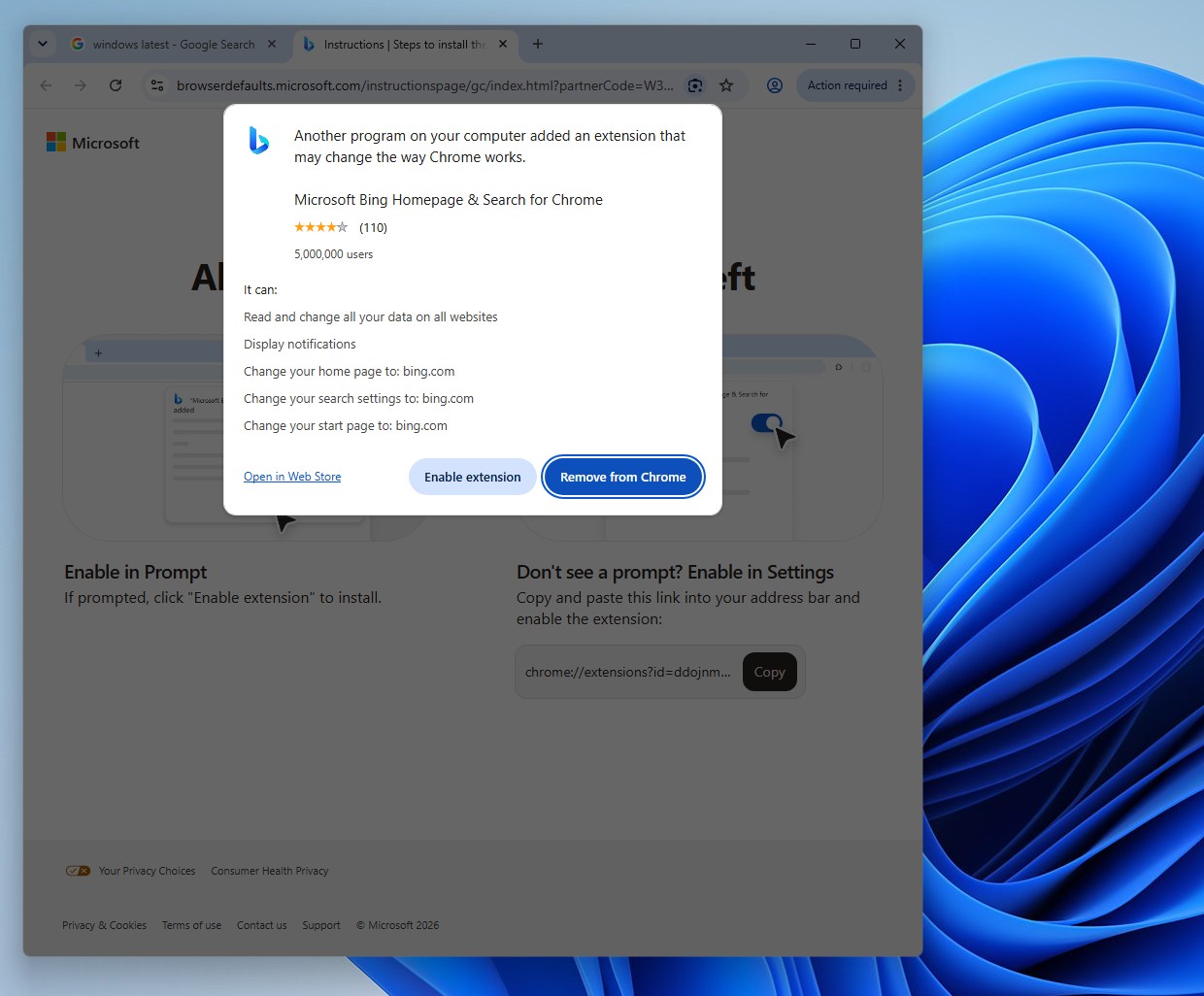Microsoft інтегрує Bing у Windows 11, навіть поза Edge 9 Розширення Microsoft, яке робить пошук Bing стандартним у Chrome