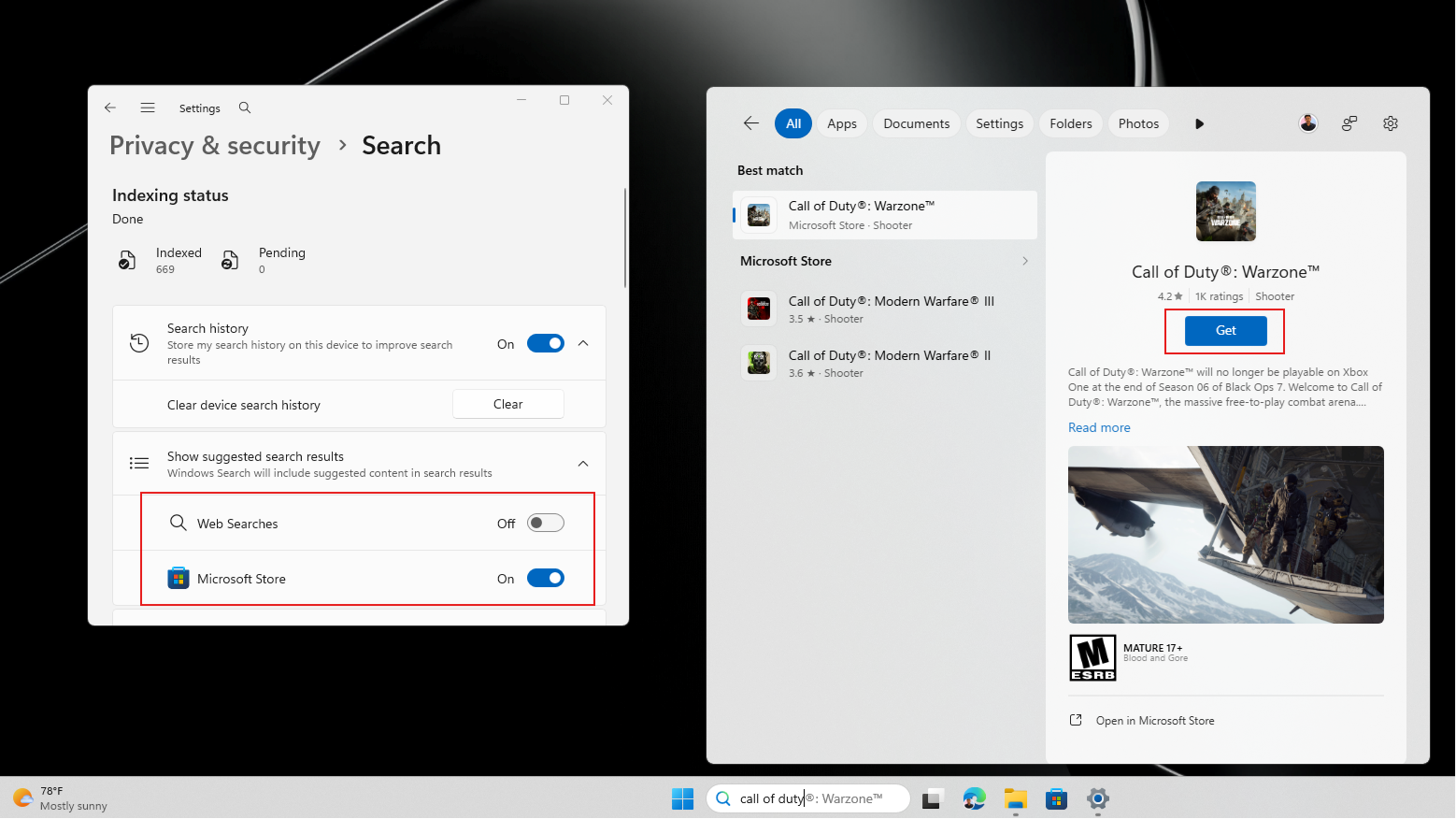 Searching for Call of Duty with Web Searches off and Microsoft Store search on