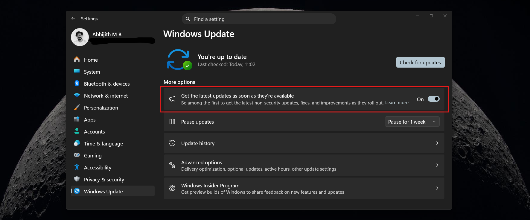 Windows Update page to Check for updates and Get the latest updates as soon as they're available toggle turned on