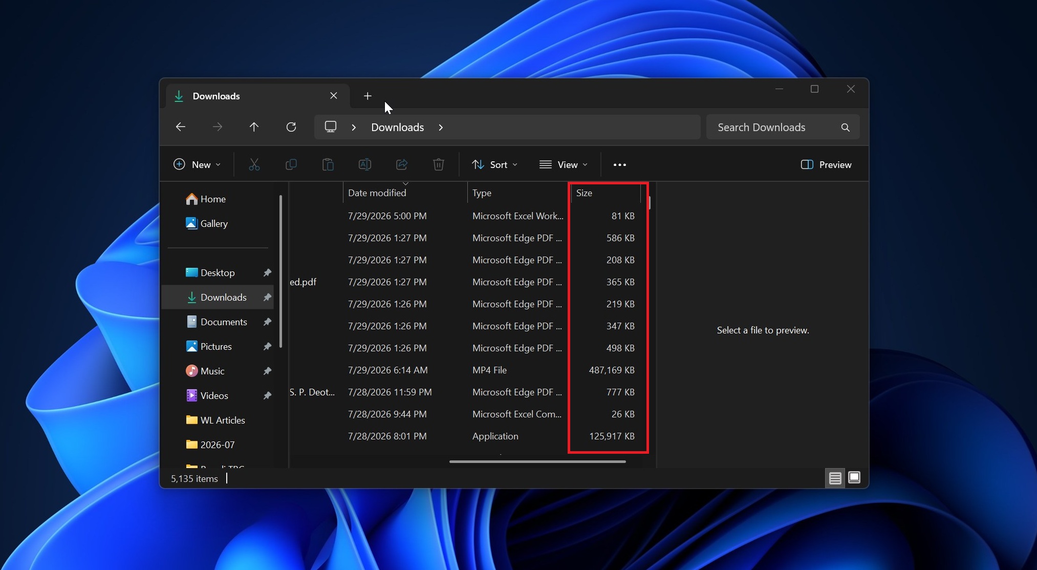 File Explorer file sizes in Windows 11