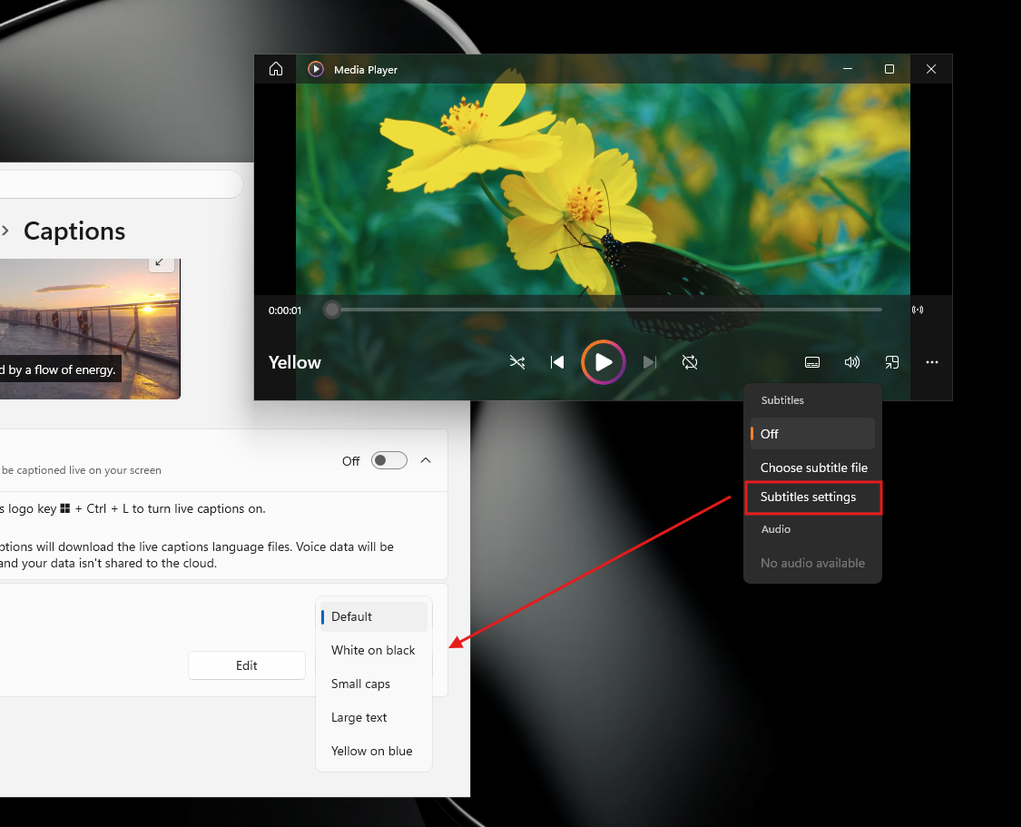 Subtitle customization settings in Windows Media Player