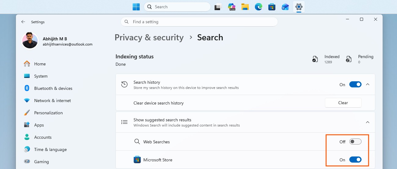 Ability to turn off web searches in Windows 11