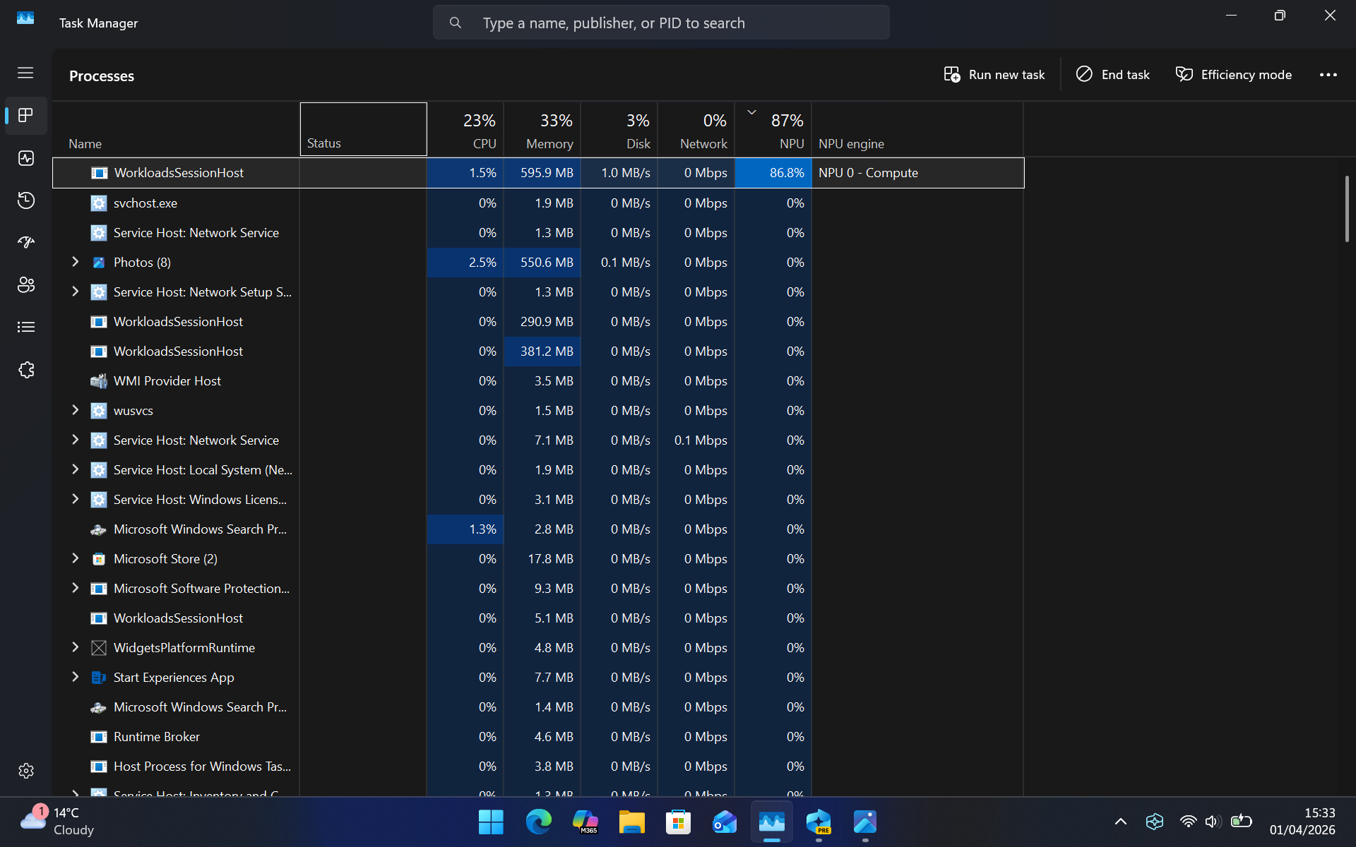 NPU Column in Process tab in Task Manager