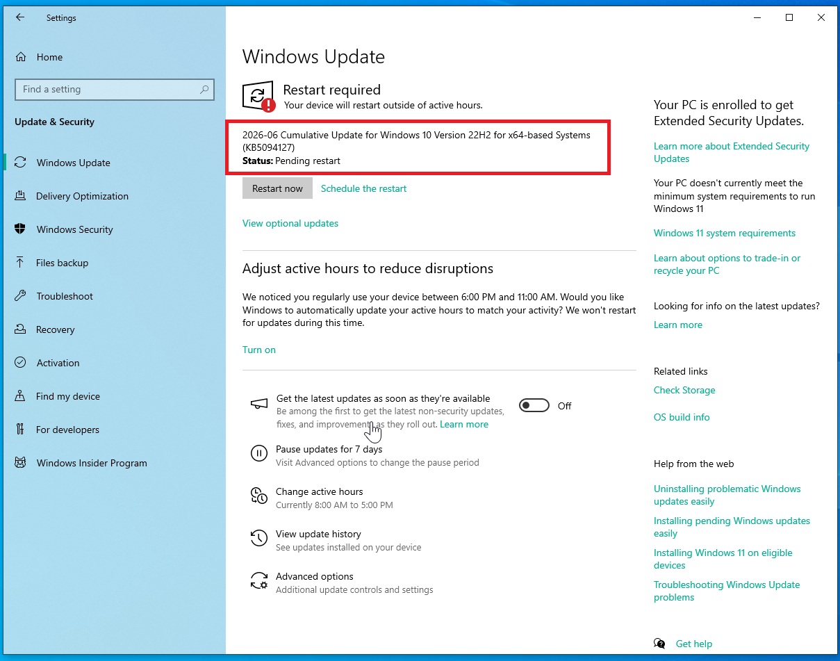 2026-06 Cumulative Update for Windows 10 Version 22H2 for x64-based Systems (KB5094127)