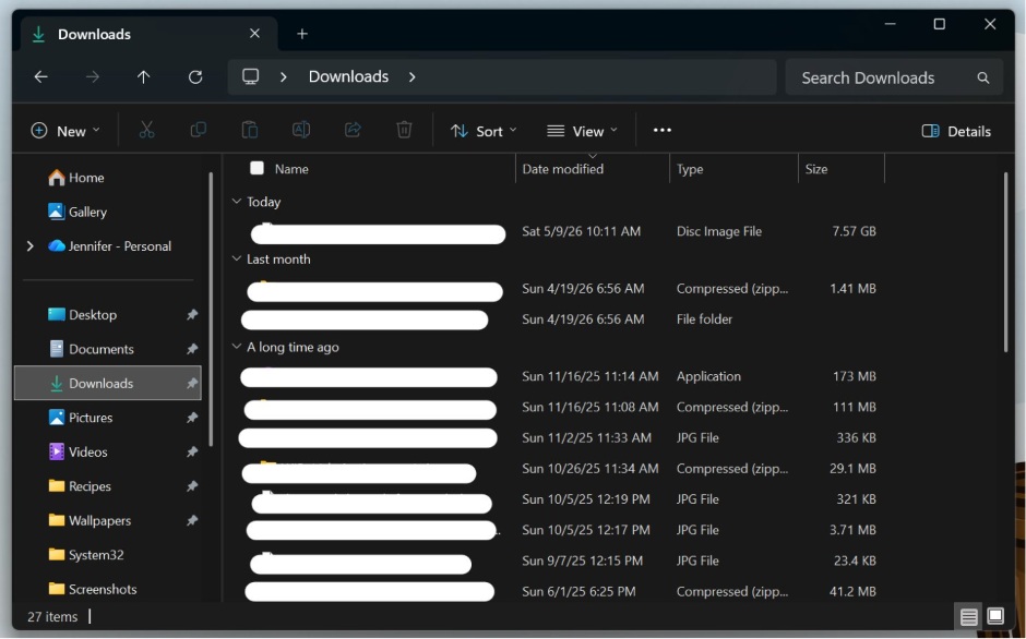 File Explorer details view size