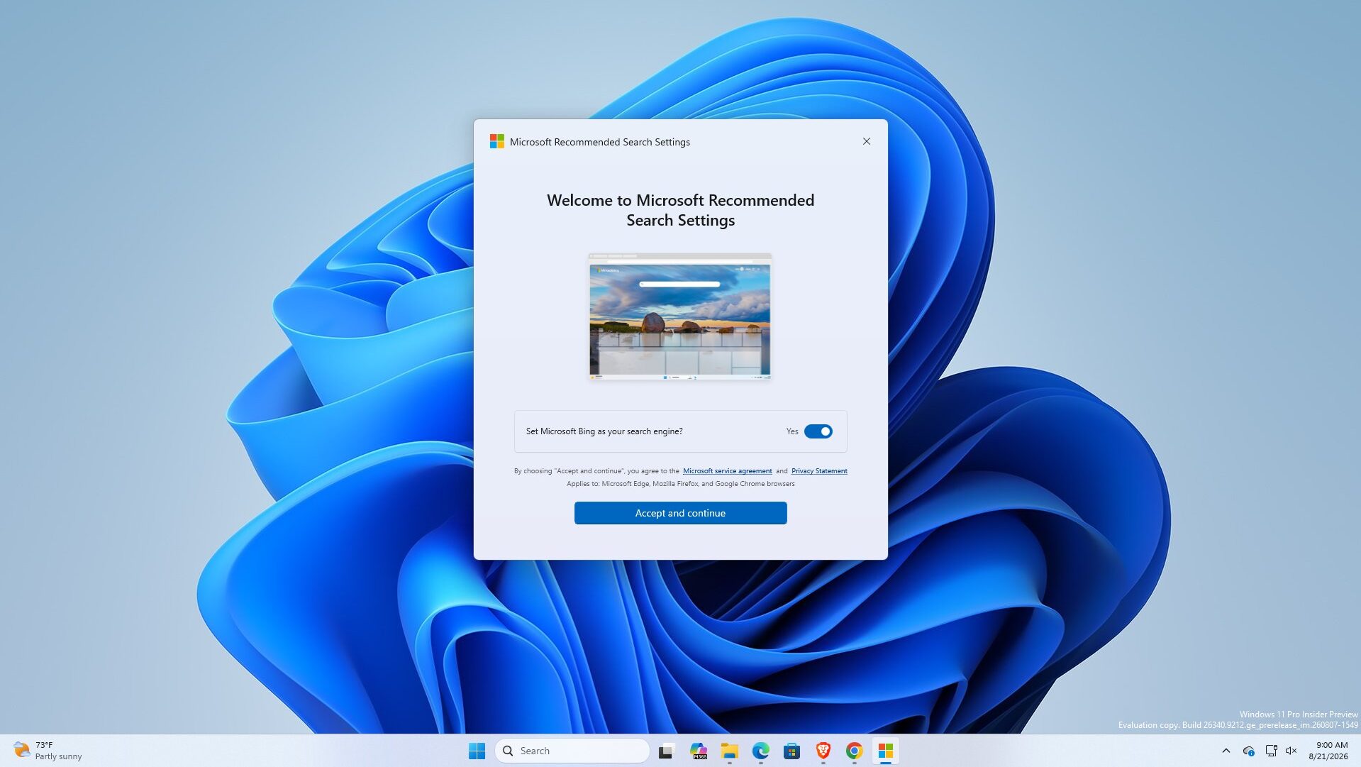Microsoft інтегрує Bing у Windows 11, навіть поза Edge 5 Застосунок Microsoft Settings запитує встановлення Bing як пошукової системи