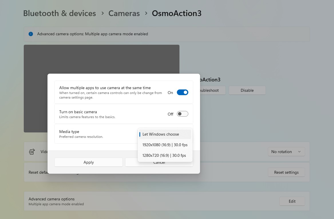 Basic camera settings in Windows 11