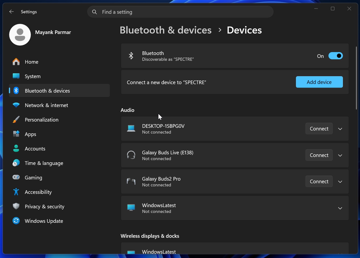 Bluetooth devices page in Windows 11