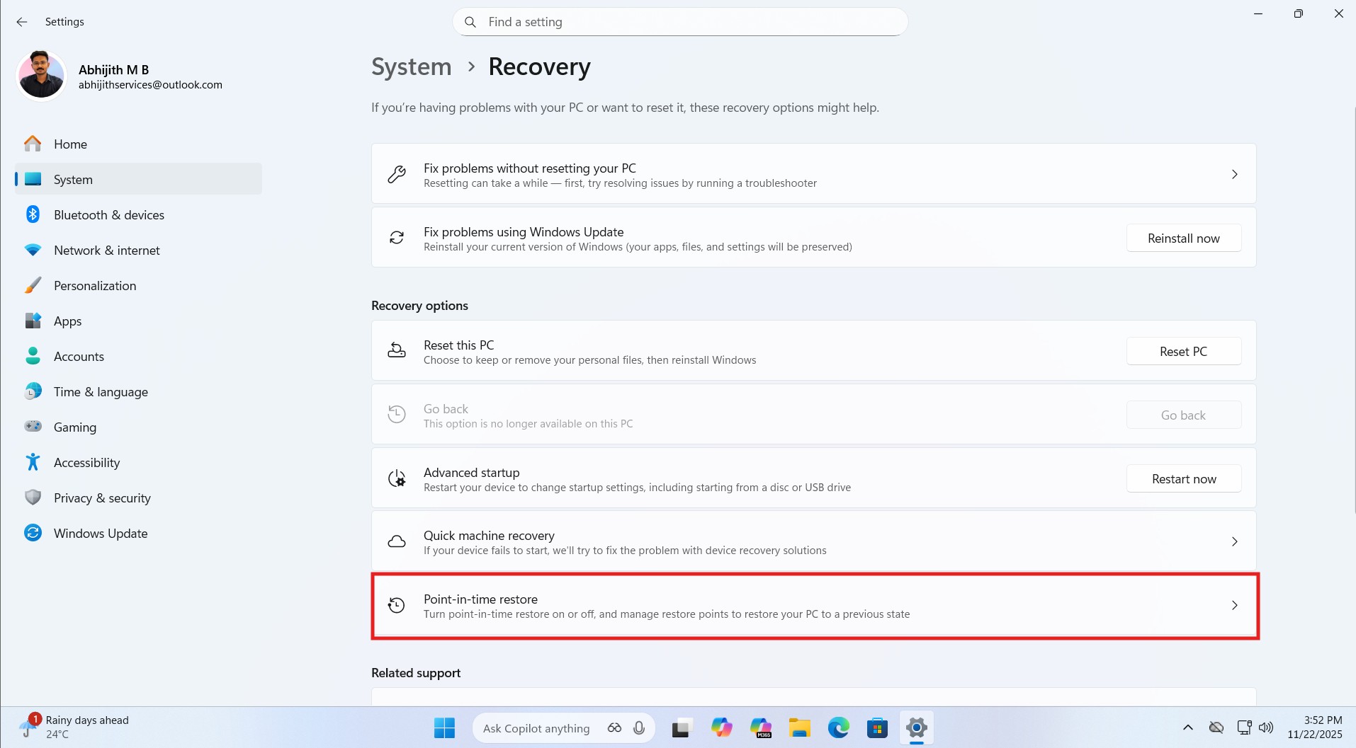 Point-in-time restore in Recovery settings