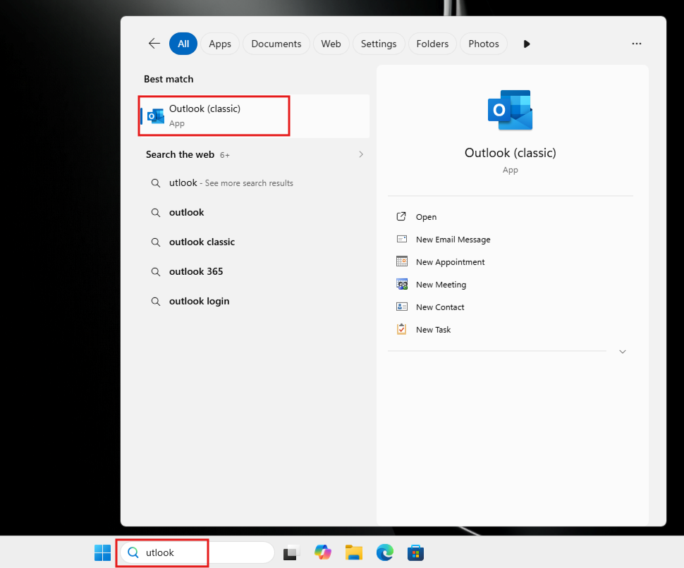 utlook gives Outlook as Windows Search result