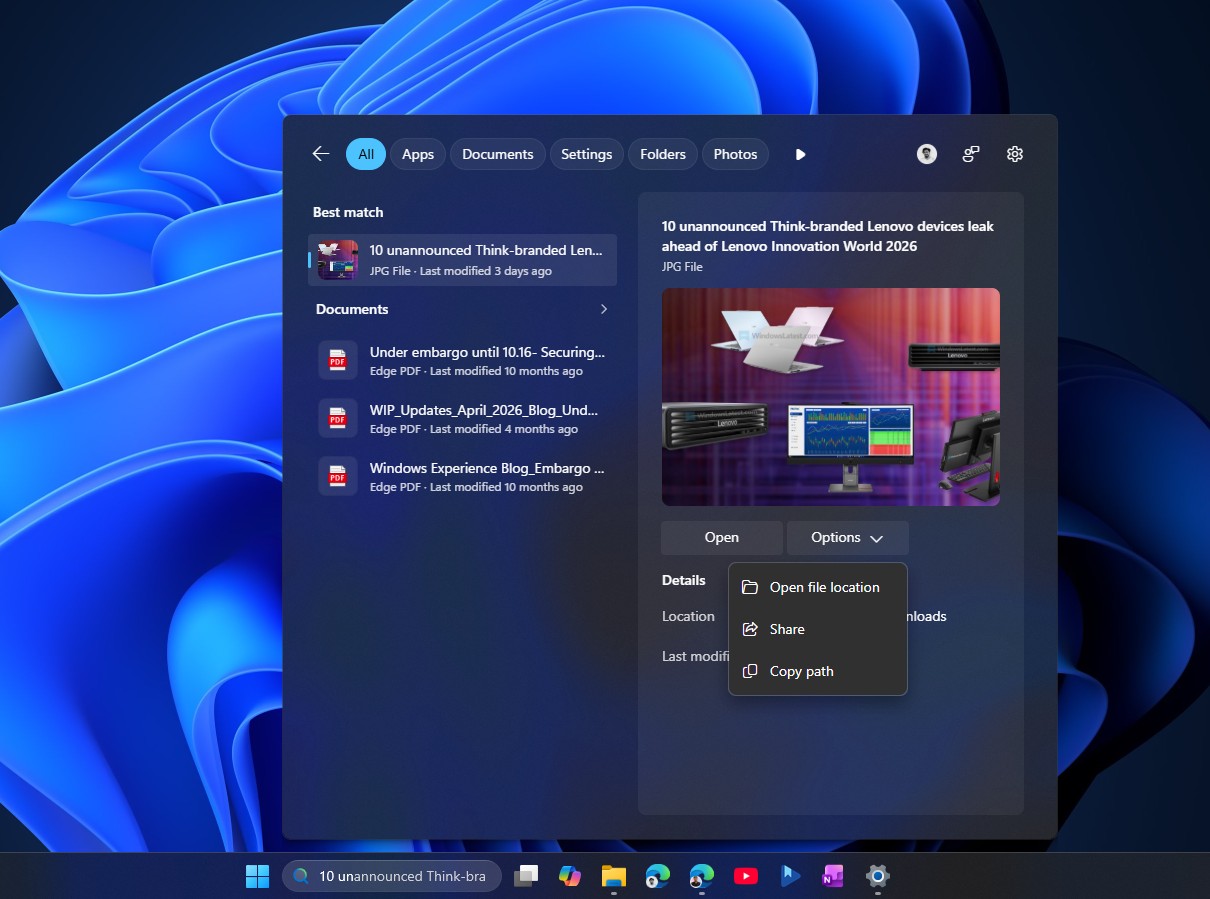 Попередній перегляд пошуку в Windows 11