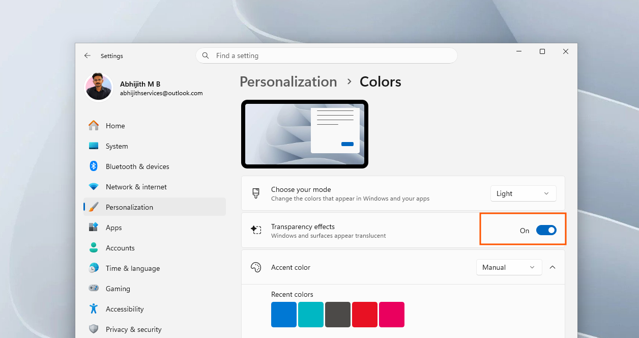 Transparency effects toggle in Windows 11