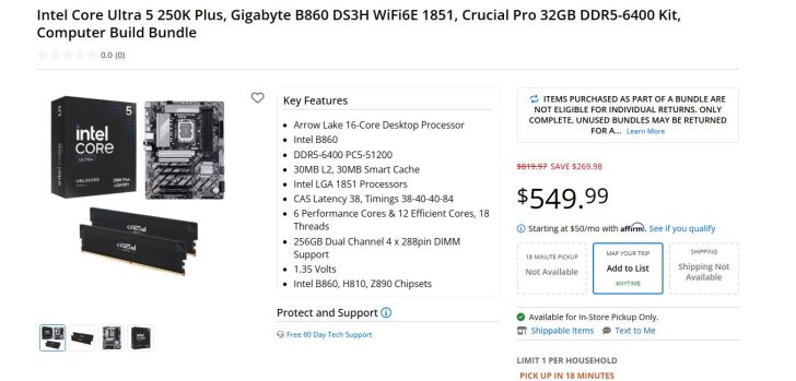 Micro Center пропонує комплект з процесором Core Ultra 5 250K, материнською платою та 32 ГБ ОЗП зі знижкою $270 2