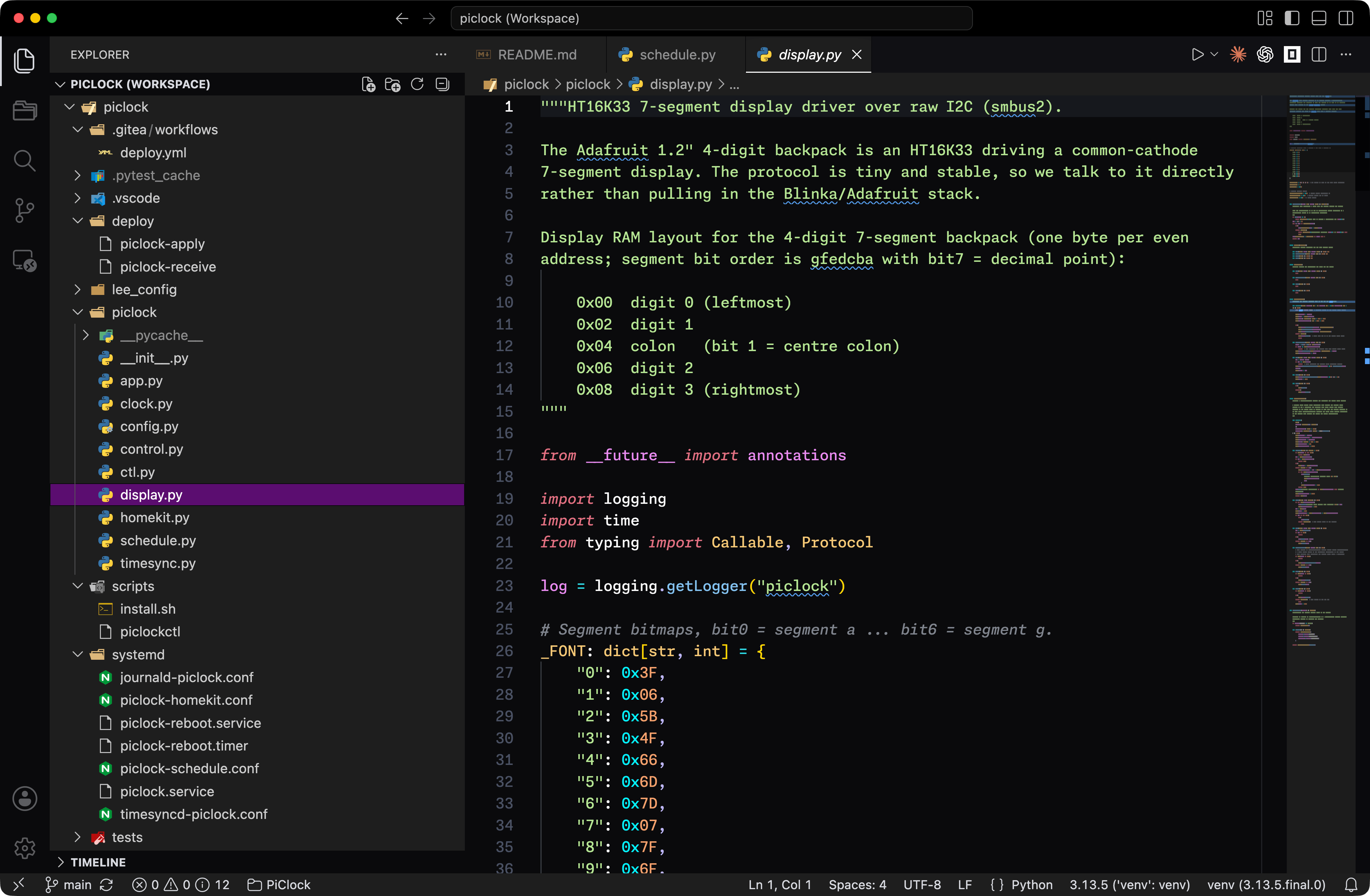 Знімок екрана VSCode, що показує проєкт Лі "PiClock"