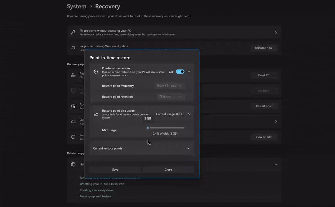Point-in-time Restore size options