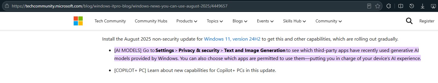 Офіційна документація Microsoft згадує «Генерацію тексту та зображень» у налаштуваннях конфіденційності Windows 11