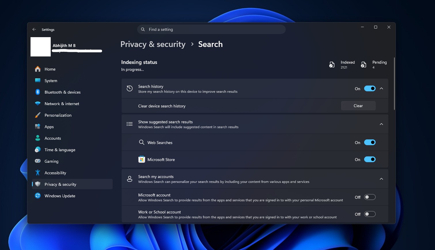 Сторінка конфіденційності та безпеки пошуку Windows після оновлення