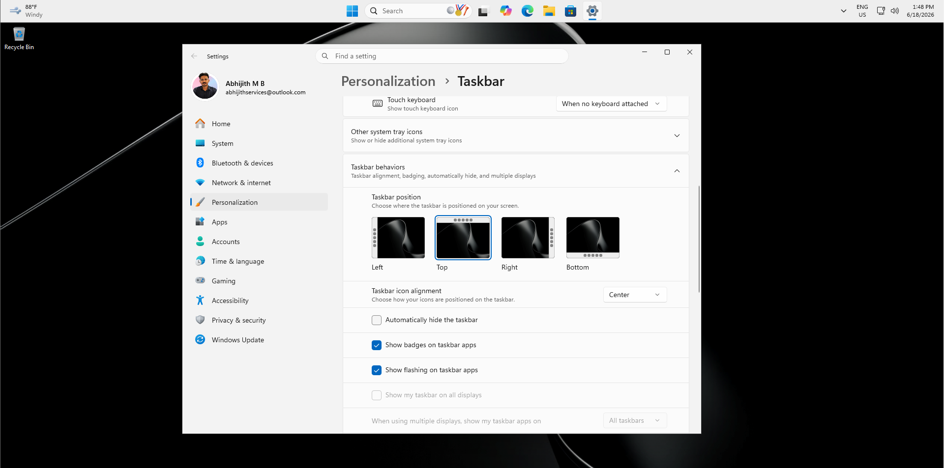 Taskbar positions in Windows 11