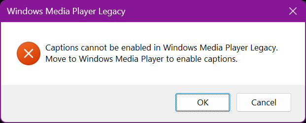 Error showing captions cannot be enabled in legacy media player