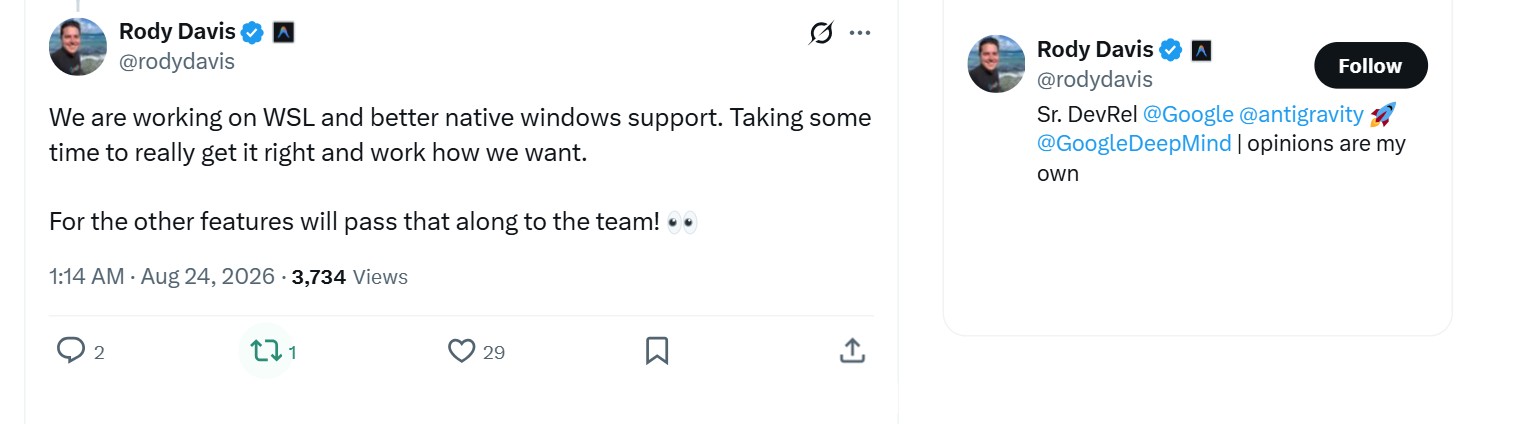 Google додає підтримку Windows 11 та WSL для своїх нових ШІ-інструментів 3 Google confirms WSL and native support for Antigravity agentic development tool