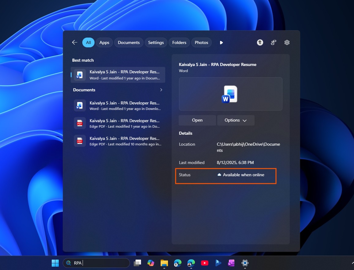 Новий статус «Доступно в Інтернеті» для файлів OneDrive у пошуку Windows