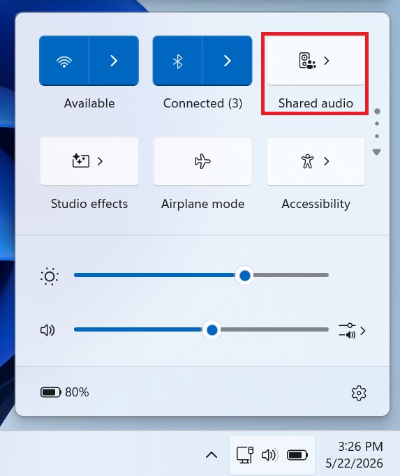 Windows 11 KB5094126: оновлення підвищує продуктивність процесора 5 Спільне аудіо в Швидких налаштуваннях Windows 11