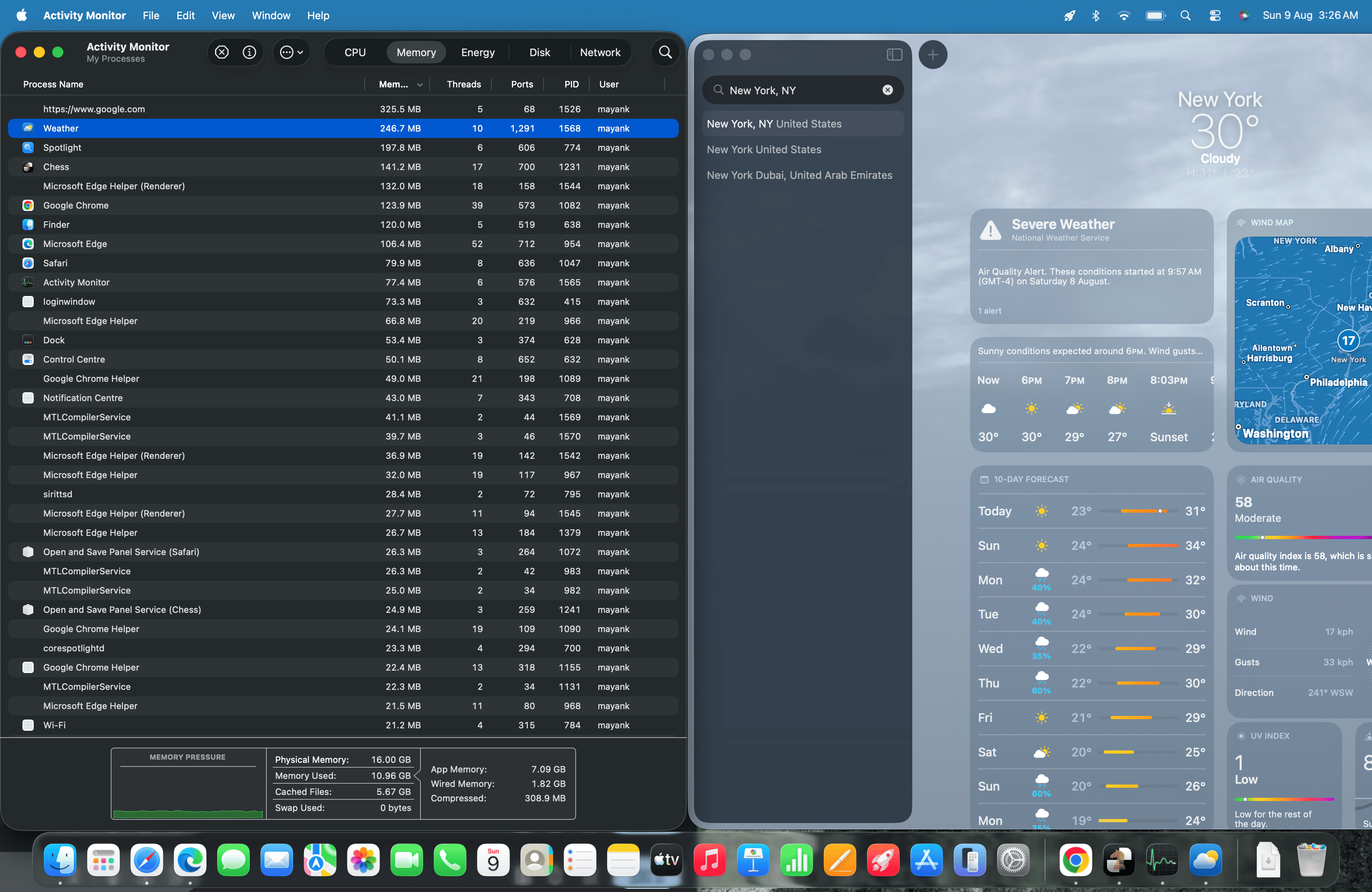 Використання оперативної пам'яті додатком «Погода» в macOS становить трохи більше 200 МБ