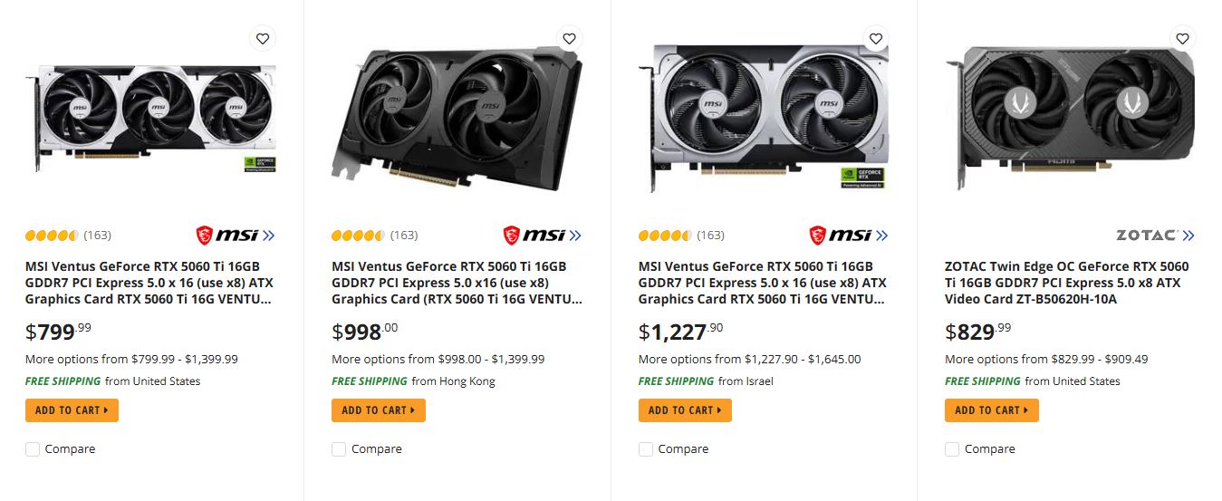 GeForce RTX 5060 Ti 16 GB злетіла до $800+ на Newegg 3