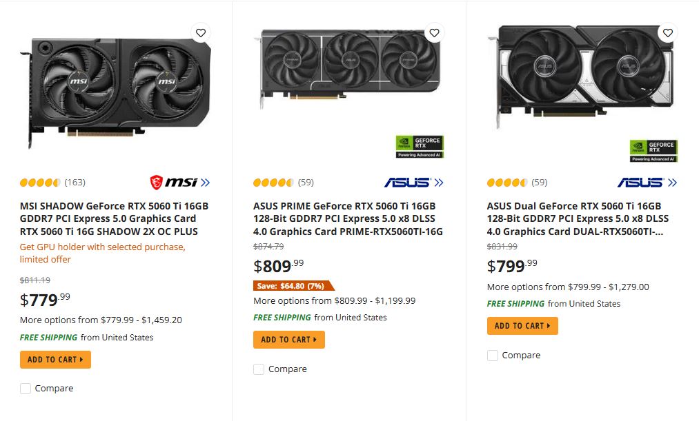 GeForce RTX 5060 Ti 16 GB злетіла до $800+ на Newegg 2