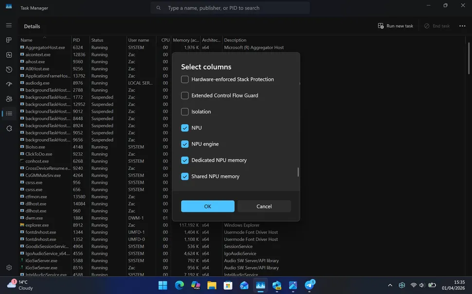 Select NPU Columns in Task Manager