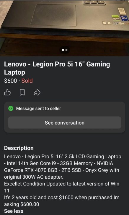 Facebook Marketplace: геймерський ноутбук з RTX 4070 продали за $600 2
