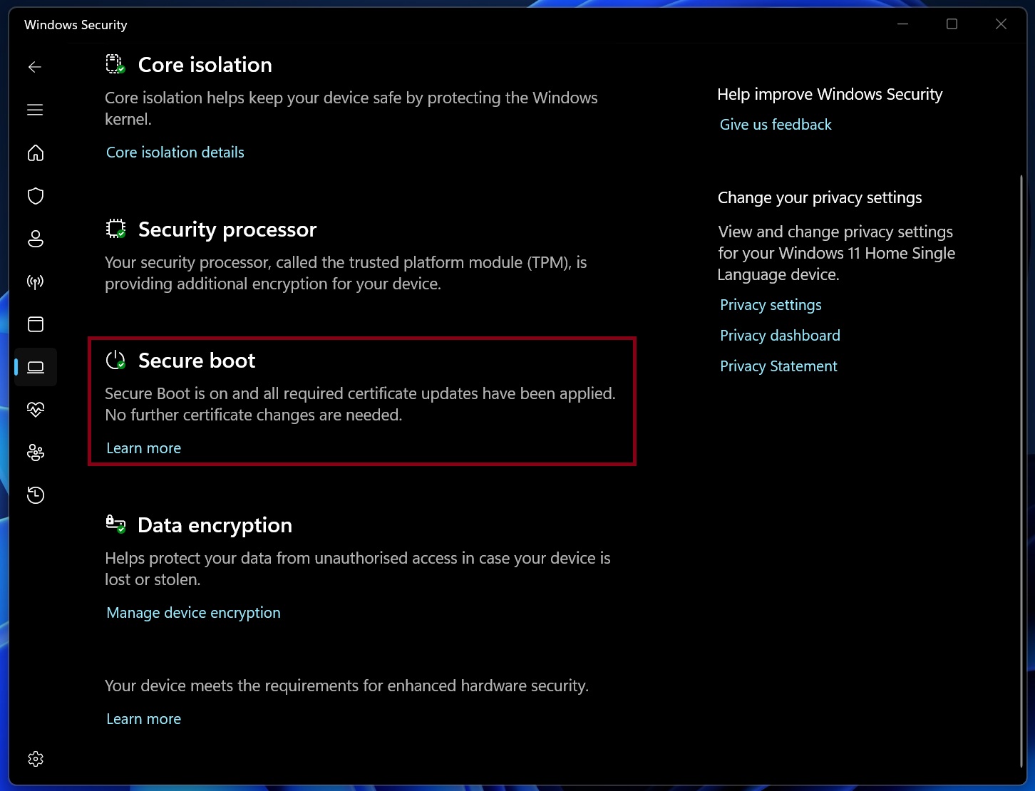 Windows 11 KB5094126: оновлення підвищує продуктивність процесора 2 Статус сертифіката Secure Boot у програмі Безпека Windows для Windows 11