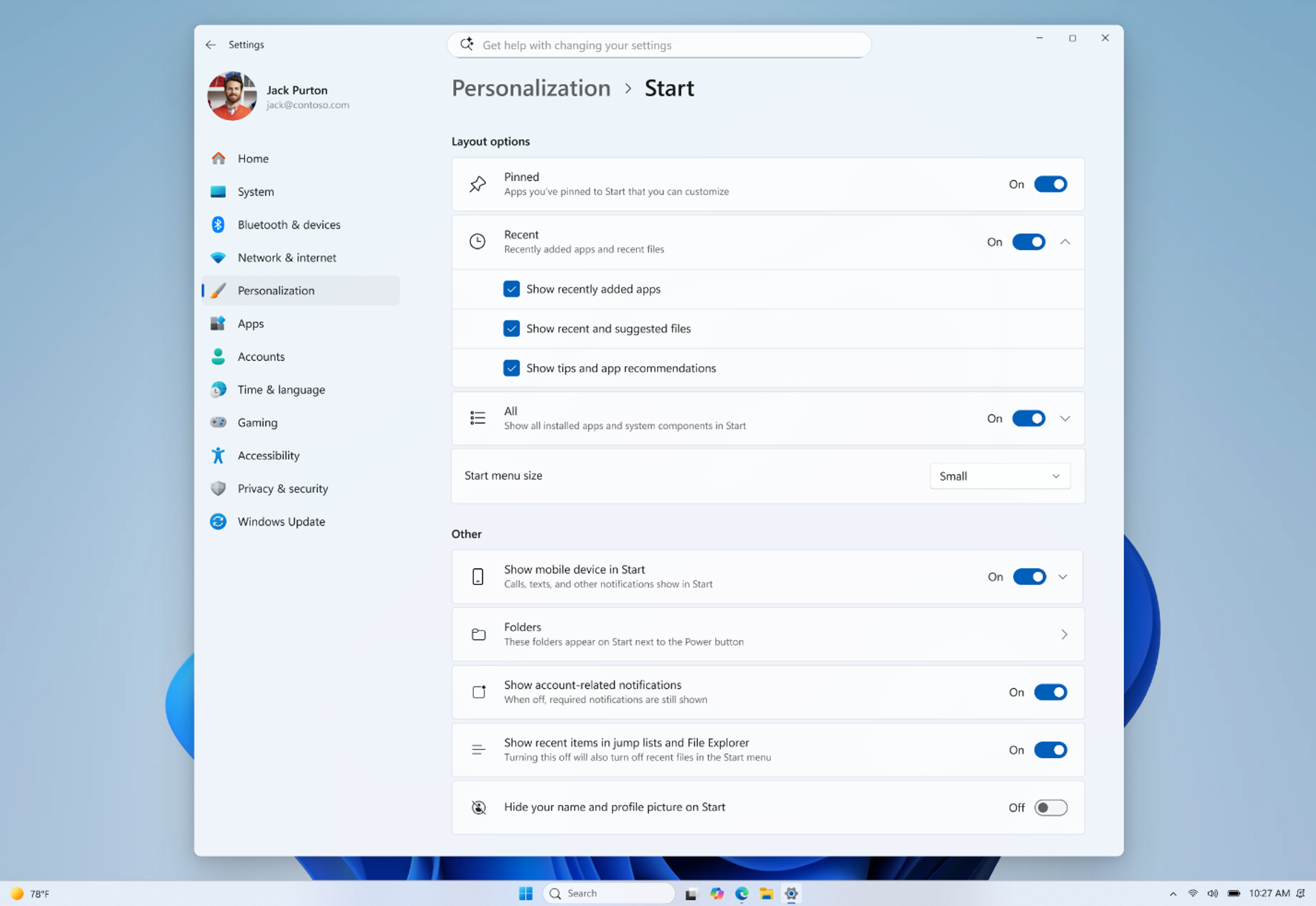 Start menu size toggle
