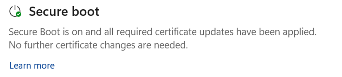 KB5120249 захищає Windows 10: посилання для офлайн-завантаження 3 The Secure Boot section showing the “fully updated” status with a green checkmark icon.