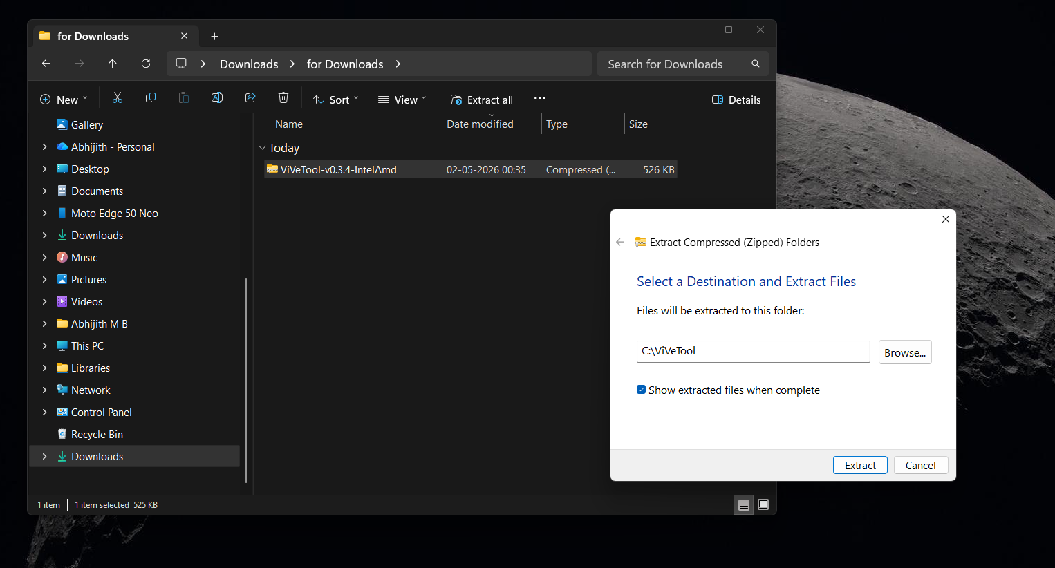 Видобути ViVeTool .zip на диск C