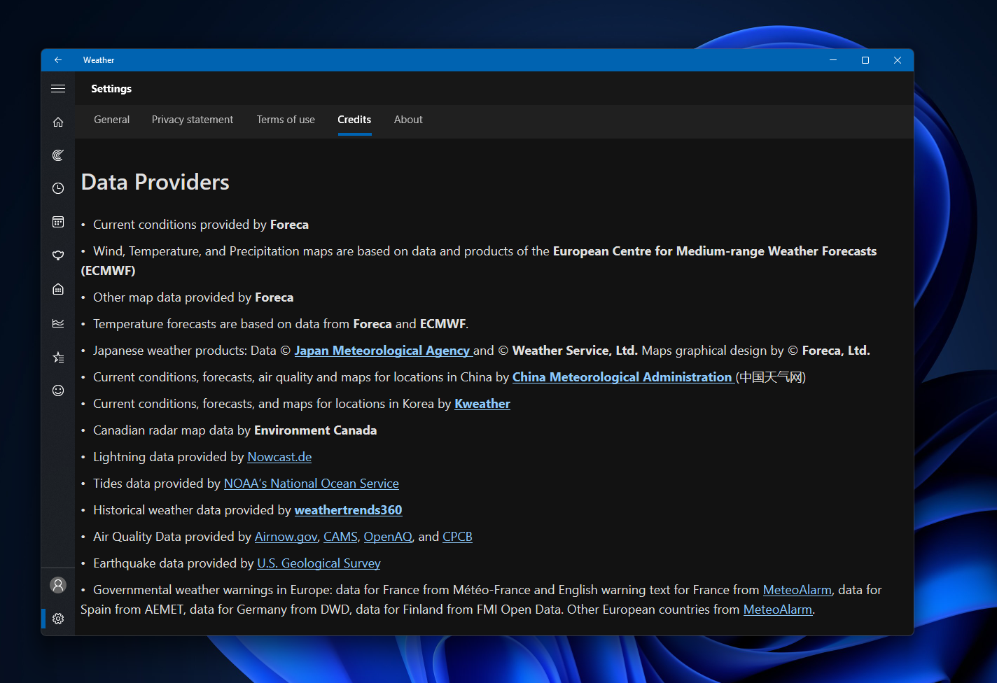 Надавачі погодних даних для додатка MSN Погода в Windows 11