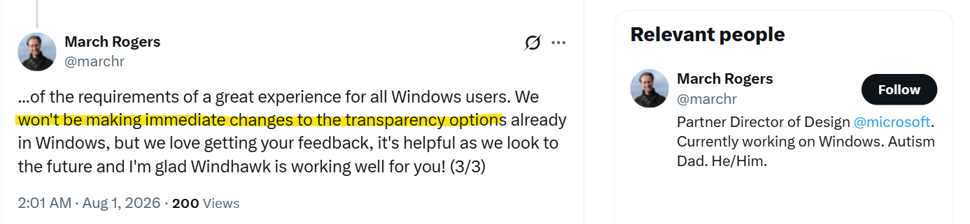 Microsoft confirms we won't see transparency effect changes in Windows 11