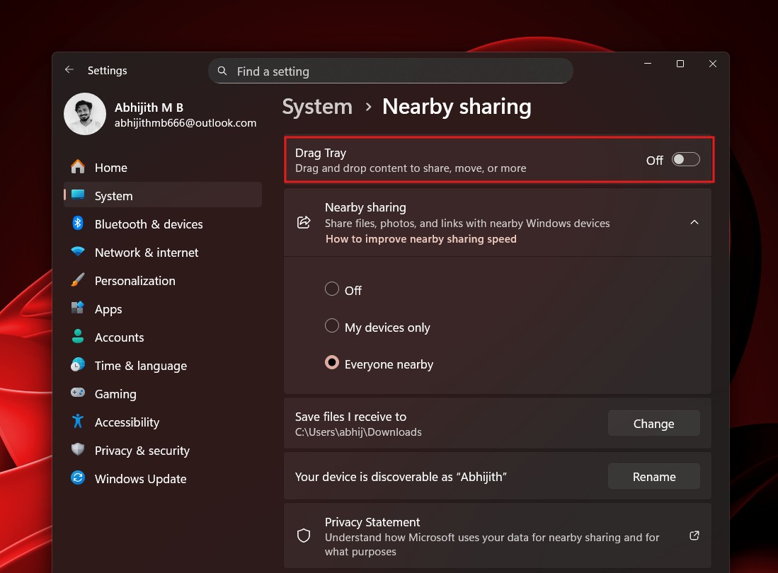 Вимкнення функції спільного доступу Drag Tray у Windows 11